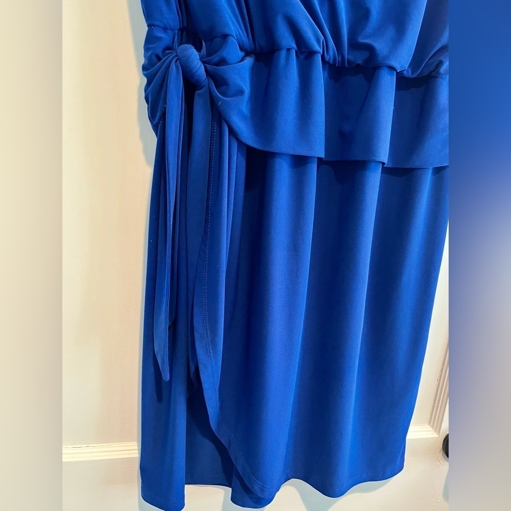 Cobalt Royal Blue Cap Sleeve Tie Waist Stretchy Mini Dress Size 14 Petite - Picture 6 of 7